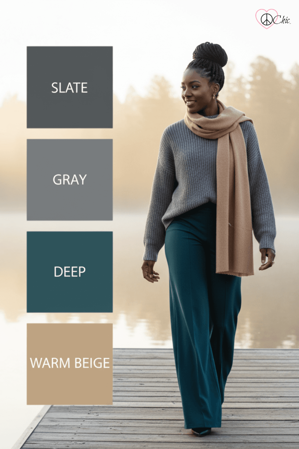 Lakeside Retreat color palette featuring slate gray, deep teal, and warm beige